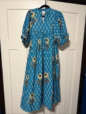 Fox & Hen Label - Joliet Dress- Teal Blue Floral Midi Dress with Puff Sleeves